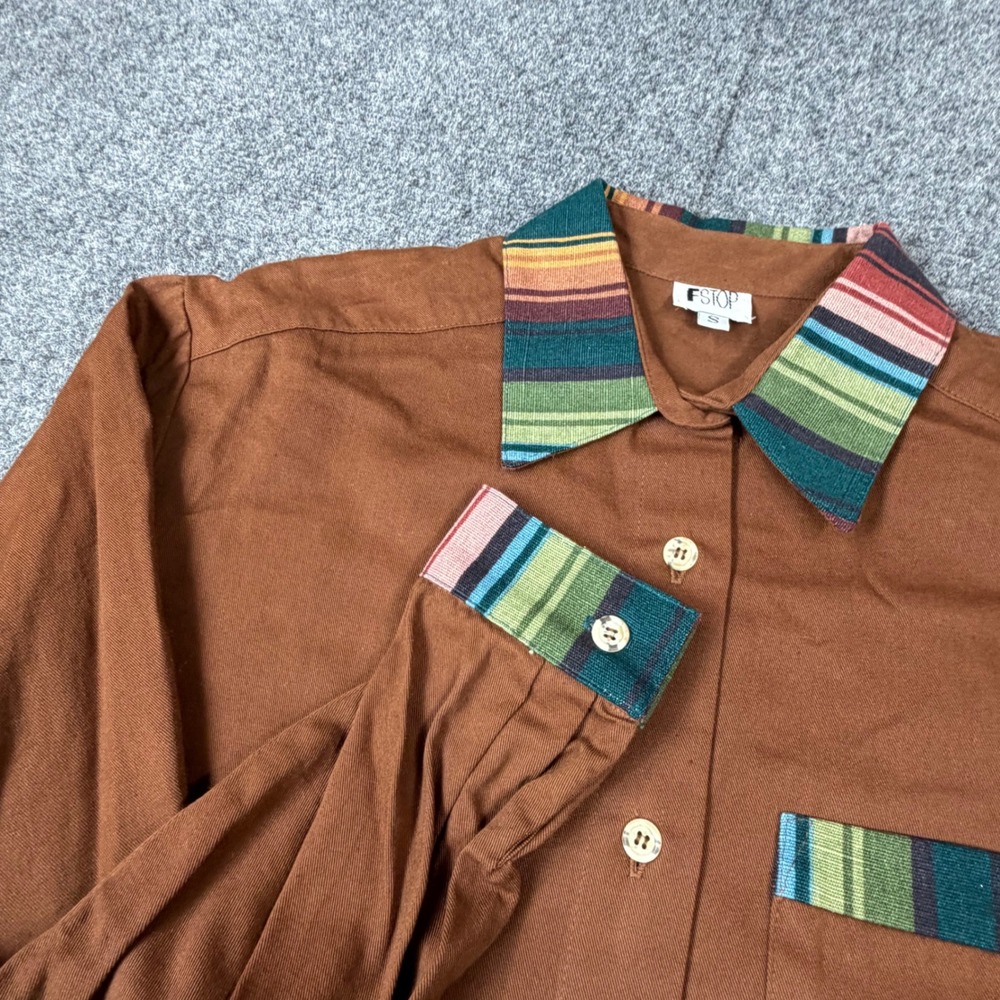 Vintage F Stop Brown Button Down Shirt Striped Collar Cuffs USA Made Small NEW